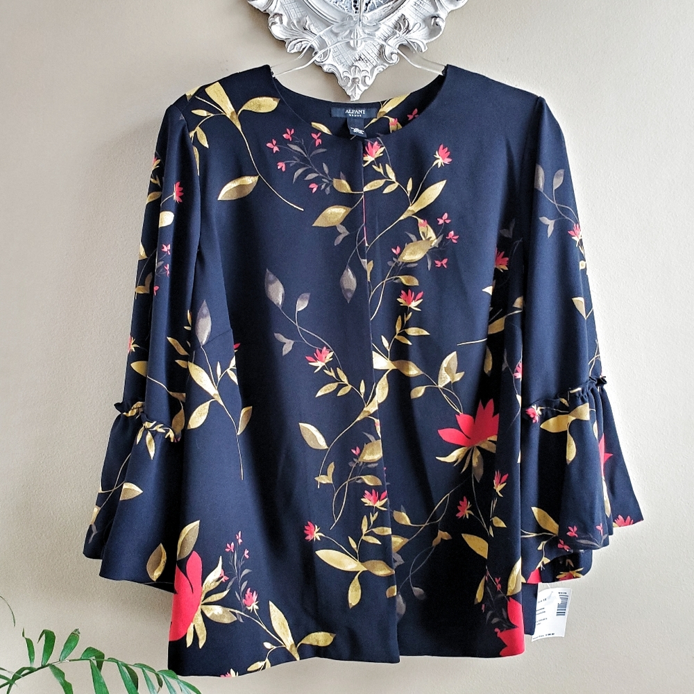 ALFANI Black Floral Plus Blazer Bell Sleeves 1X